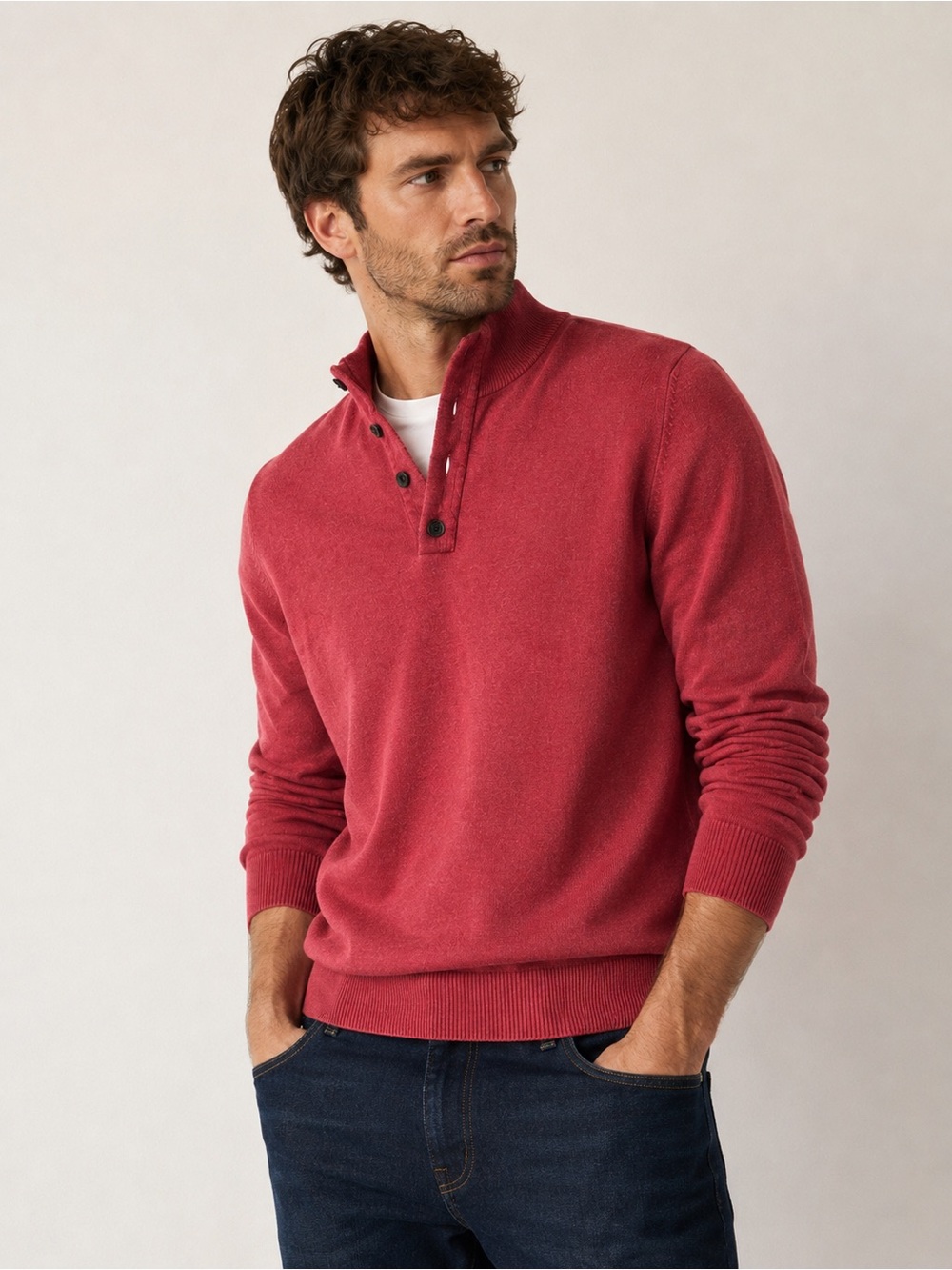 Massimo Dutti Burgundy Cashmere Blend Button Neck Sweater Medium